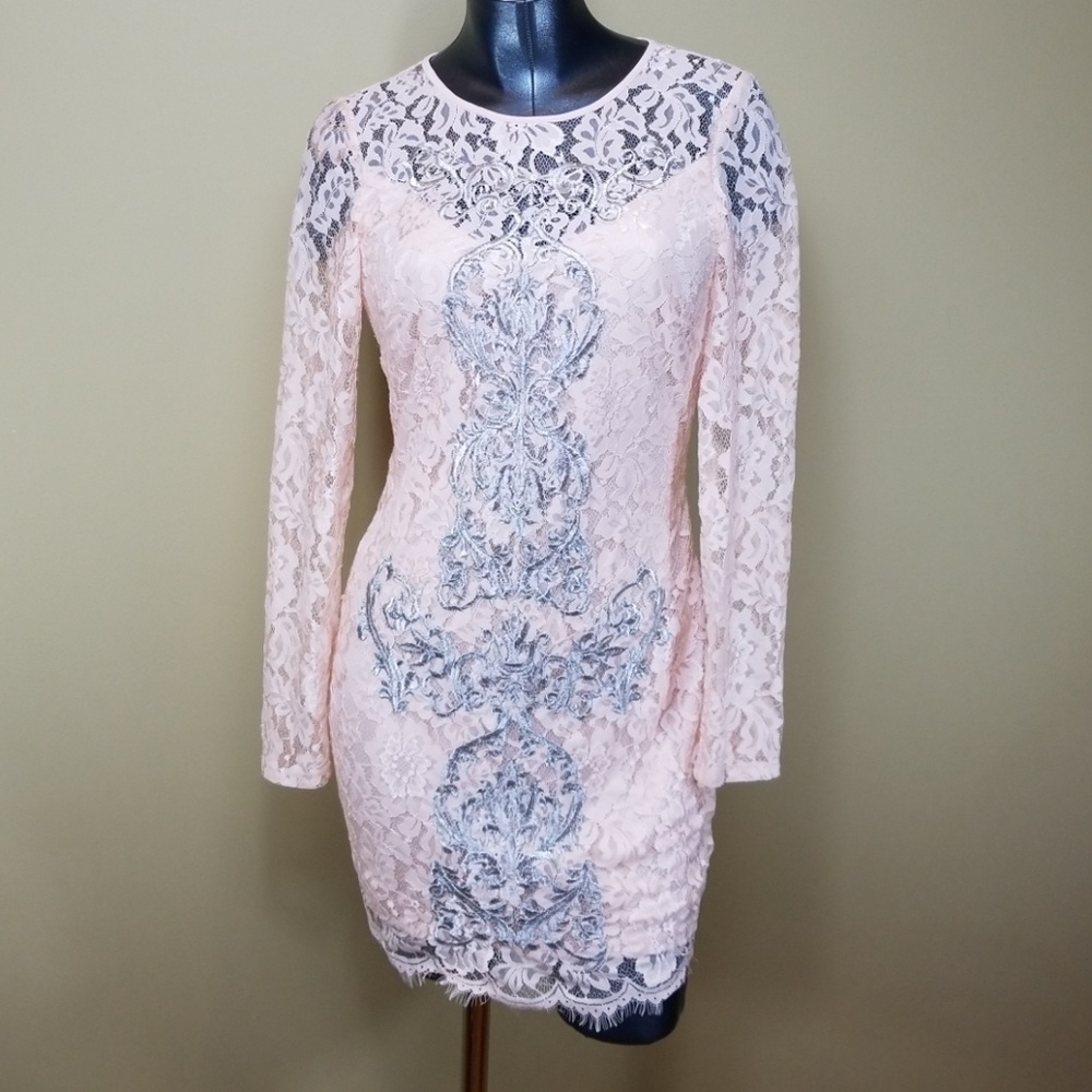 BEBE  SEXY PINK LACE DRESS W/ SILVER EMBROIDERY